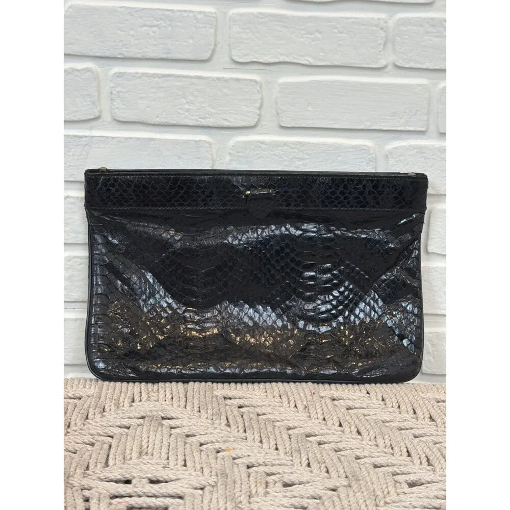 Vintage 1950s Snakeskin Envelope Clutch Black Leather Trim